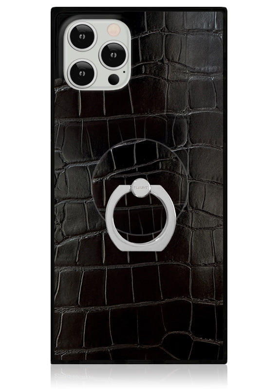 Black Crocodile Faux Leather Adhesive Phone Ring Stand